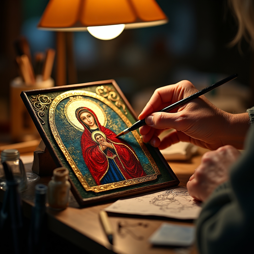 Obraz na szkle z motywem religijnym malowany tradycyjną techniką
