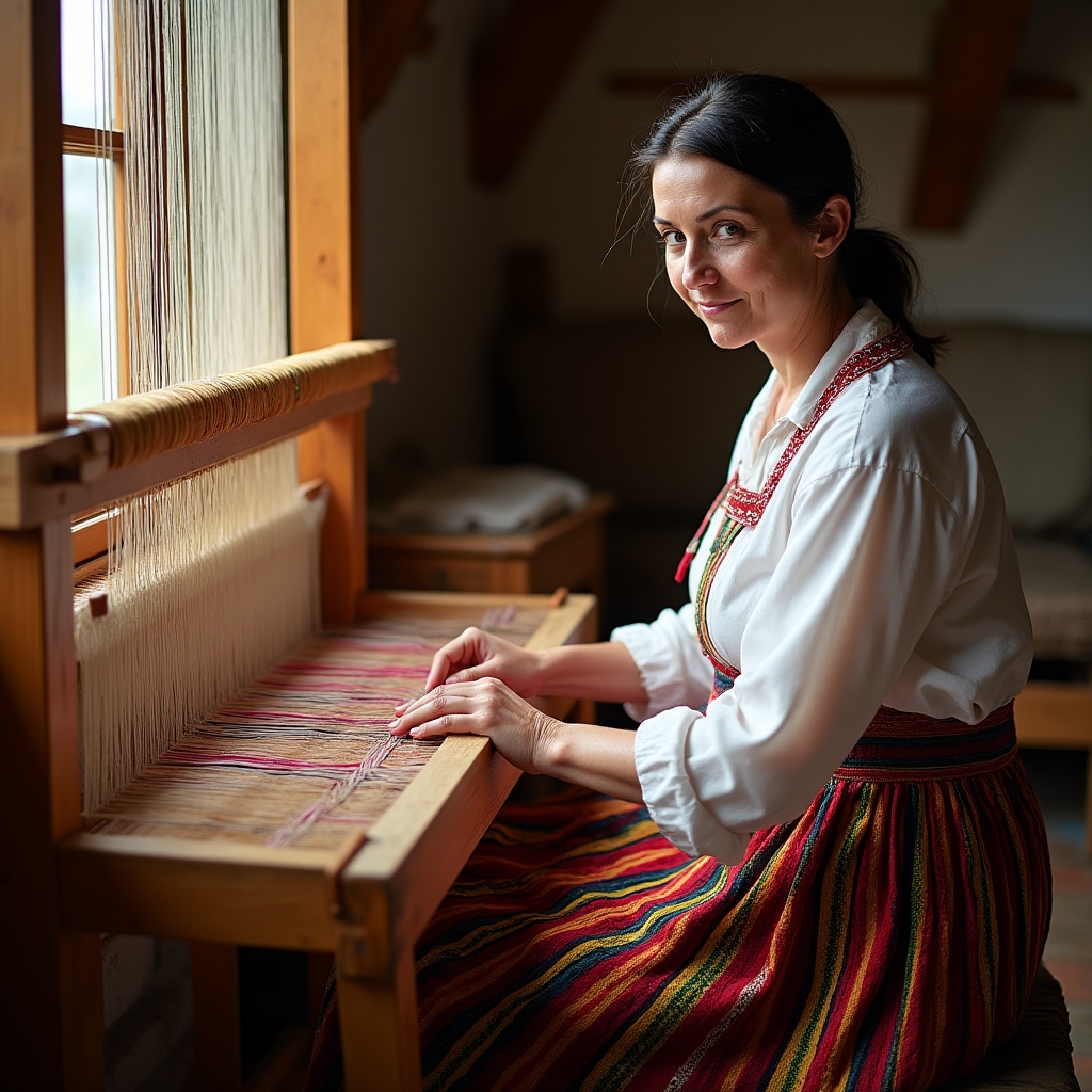 Tkaczka z Łowicza przy krosnach tkackich