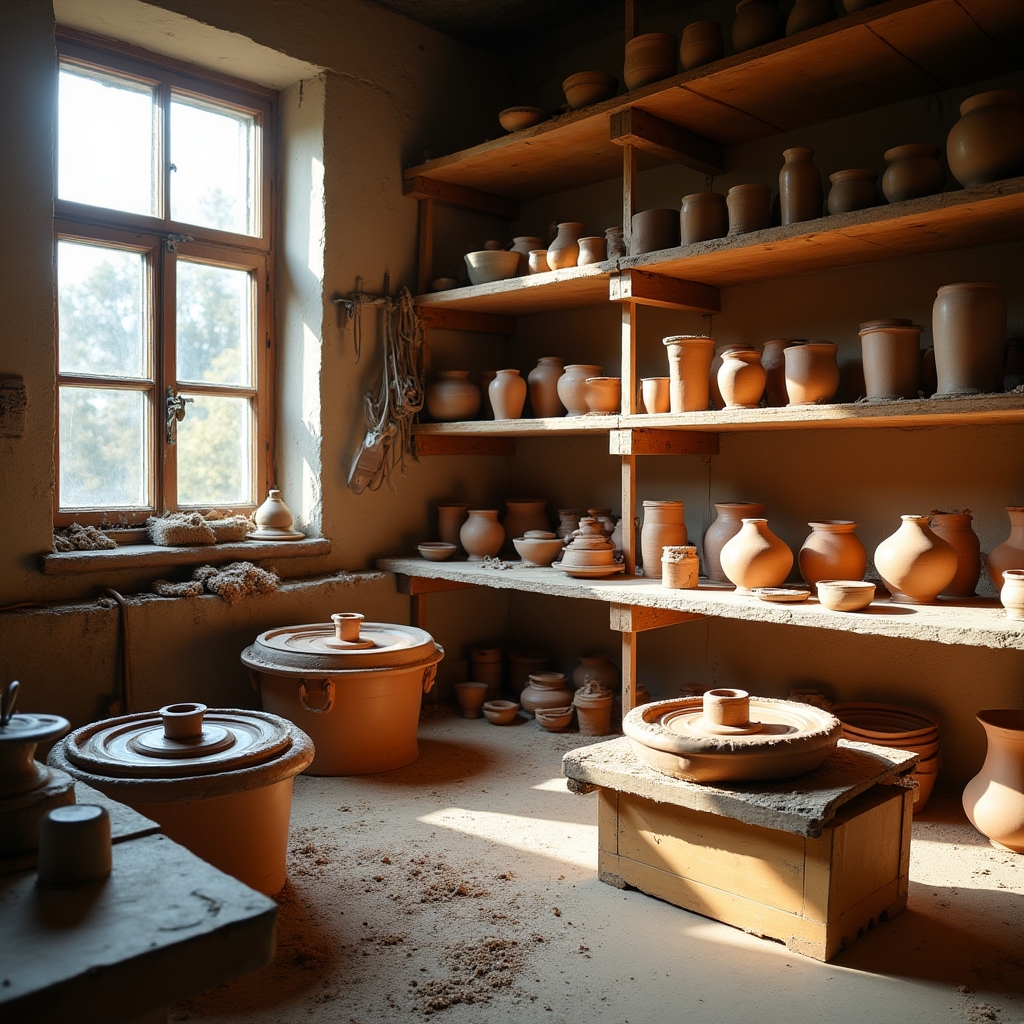 Warsztat ceramiczny z narzędziami i gotowymi wyrobami